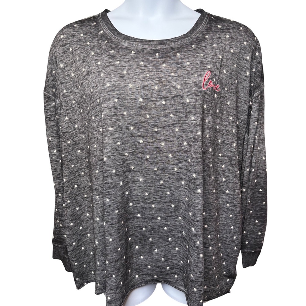 C&C CALIFORNIA Womens Gray Heart/Love Embroidered Top 3X Cozycore Lounge Girly